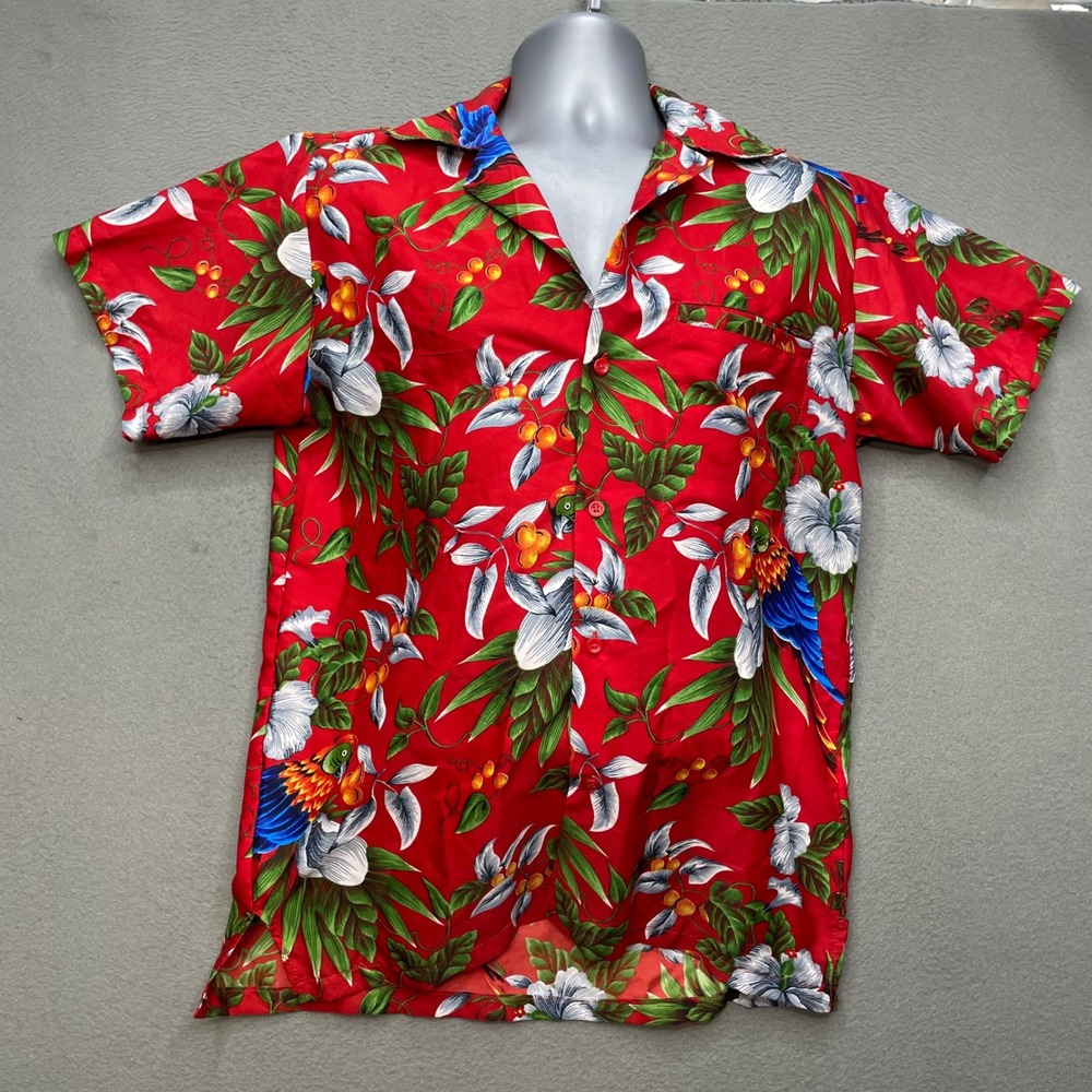 V.H.O. Men Shirt Red Tropical Parrot Hibiscus Floral Size M Hawaiian Aloha